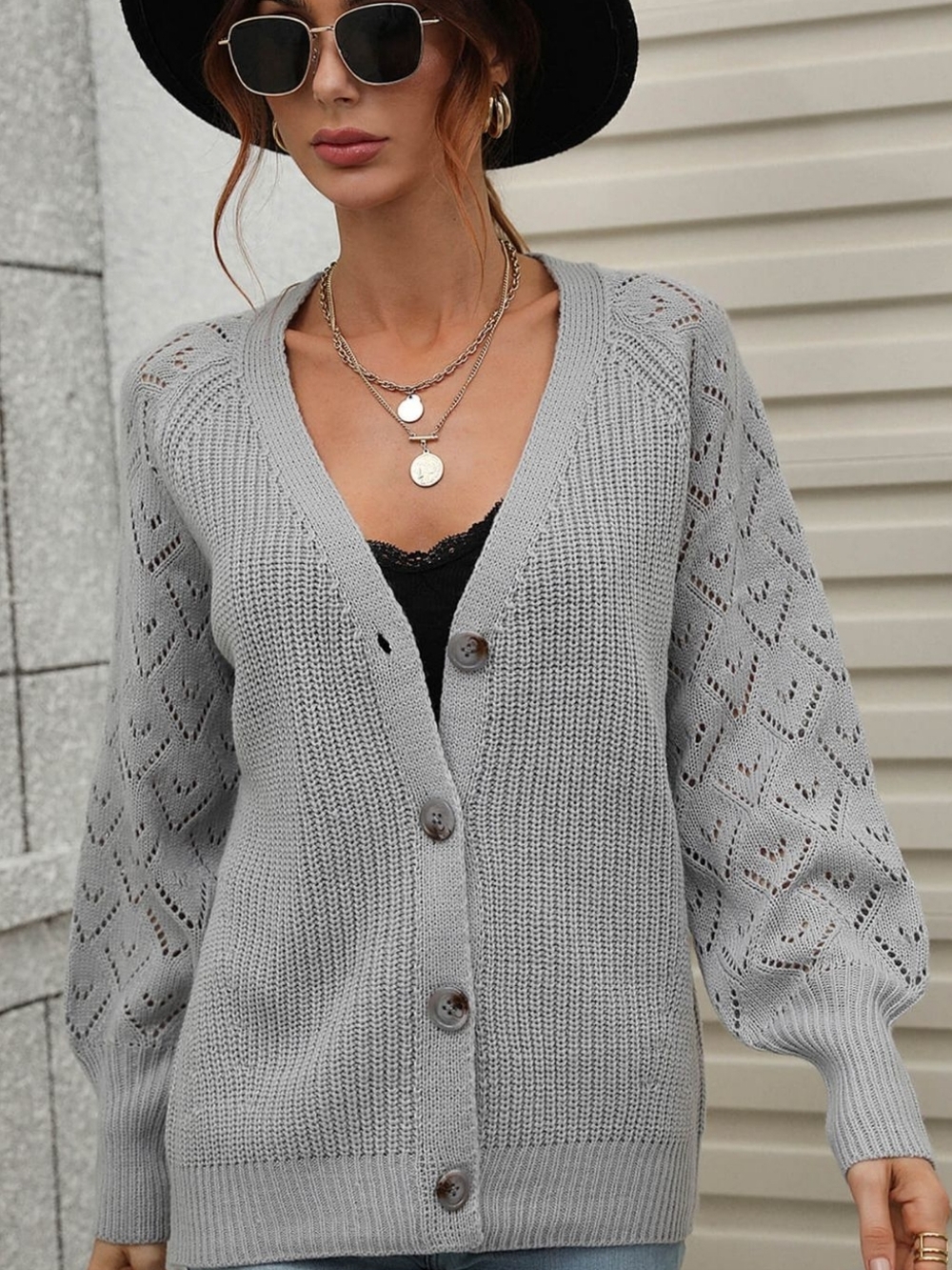 Charli Rib-Knit Raglan Cardigan - Gray - Picture 2 of 9